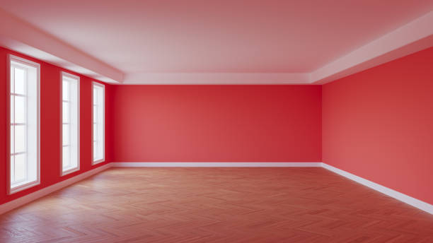 istock Beautiful Empty Room with Red Walls, White Ceiling and Cornice 1448409665