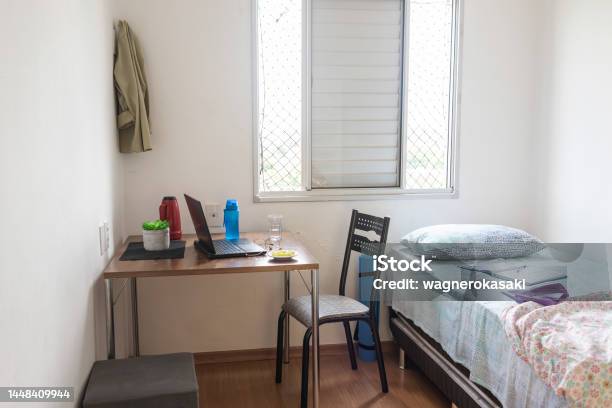 Simple Bedroom With An Adapted Corner To Video Calls Stock Photo - Download Image Now
