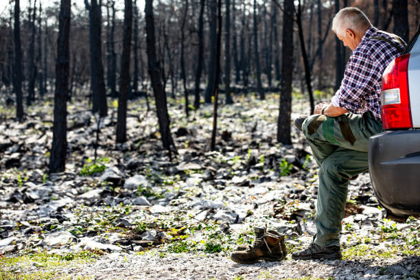 istock Forester resting after a long working day in the devastated area by a forest fire 1448411716