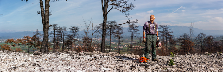 Forester portrait on the hill checking the environment damage after a forest fire
