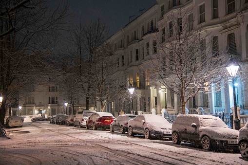 London, United Kingdom - December 11, 2022: Snow in the streets of Kensington
