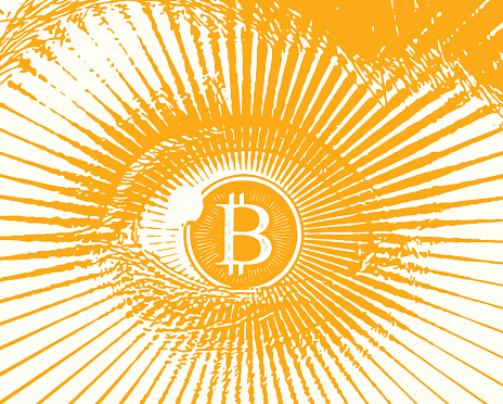 Close up of eye and bitcoin logo