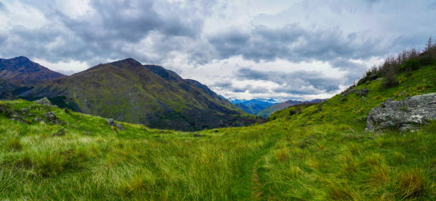 Panoramic view of the southern alps from the summit of the Queenstown Hill train in New Zealand