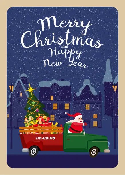 Vector illustration of Merry Chistmas Poster. Santa Claus drives an old retro car, truck
