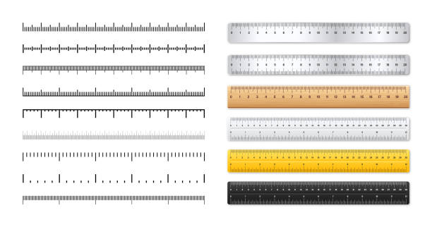 реалистичные металлические и пластиковые линейки. измерительные шкалы с делениями. шкала для измерения длины или высоты в сантиметрах, дюй - ruler stock illustrations