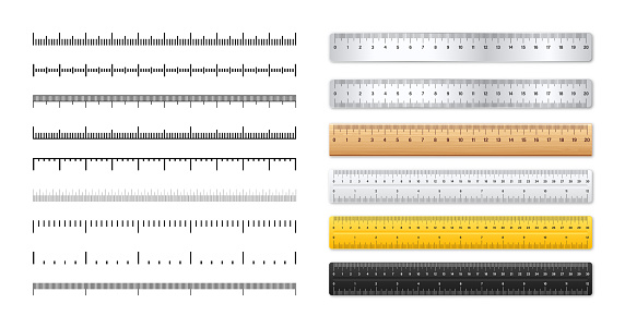 Realistic metal and plastic rulers. Measurement scales with divisions. Scale for measuring length or height in centimeters, inches. Ruler, tape measure marks, size indicators. Vector illustration.