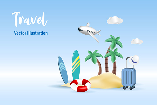 Travel vacation at summer tropical beach island. Airplane flying with over palm trees island with surfboard, swim ring and luggage. 3D vector Illustration.