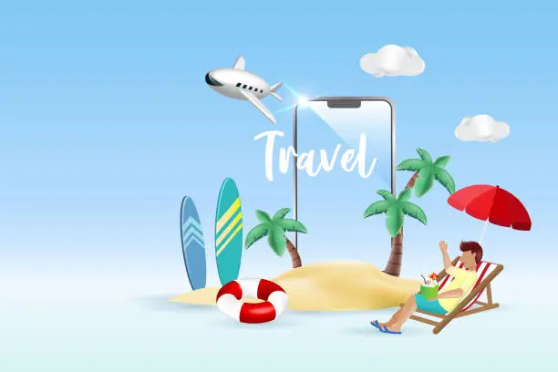 Vector illustration of Nomadic lifestyle, online travel vacation at summer tropical beach island. Man relax on beach chair at palm trees island and smartphone. 3D vector for template, advertising, brochure.