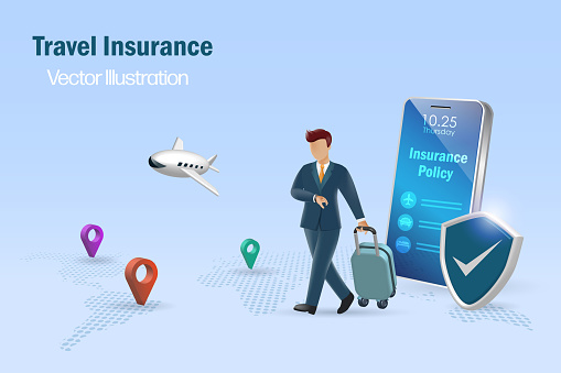 Travel insurance concept. Businessman carrying luggage at airport with travel insurance policy and protection shield on smartphone. 3D vector.