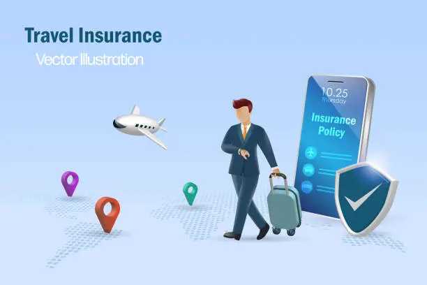 Vector illustration of Travel insurance concept. Businessman carrying luggage at airport with travel insurance policy and protection shield on smartphone. 3D vector.