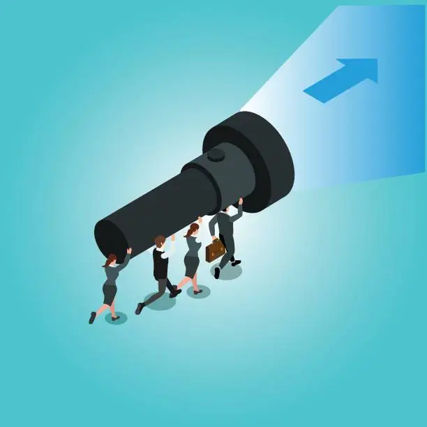 Vector illustration of Business people holding a giant flashlight uncovering arrow sign isometric 3d