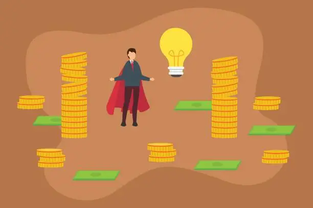 Vector illustration of Businessman wearing cape with idea attracting money 2d vector