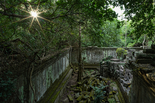 Beng Mealea Temple, a lost temple from the Angkor Wat Time Period in Northern Cambodia in the tropical rainforest. Beng Mealea was originally built as a Hindu temple, but some newer carvings depict Buddhist motifs. The history of the temple is unknown and it can be dated only by its architectural style, identical to Angkor Wat to the 12th century. 102 MegaPixel Hasselblad X2D Photo. Beng Mealea, Northern Cambodia, Siem Reap, Cambodia, South East Asia.