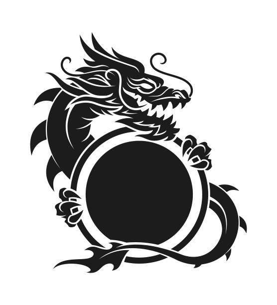 Dragon with round shield - cut out vector silhouette Dragon silhouette holding a shield with place for text, sign, coat of arms, logo, etc. - cut out vector icon asian mythology stock illustrations