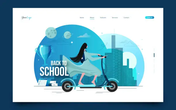 Vector illustration of Back to School In White Background Banner with Blue Backpack and School Supplies