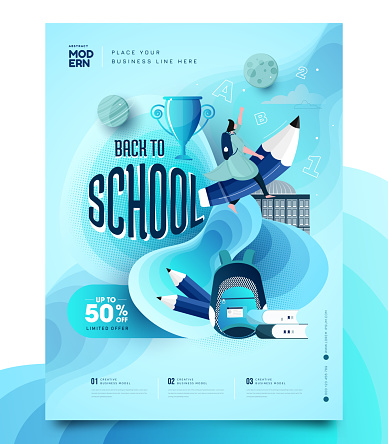 Back to school sale vector banner design. Back to school promotion text with 50% off educational supplies for advertisement design. Vector illustration