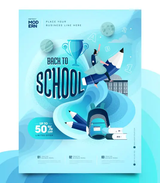 Vector illustration of Back to school sale vector banner design. Back to school promotion text with 50% off educational supplies