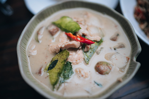 Bowl of thai tom kha kai  coconut soup