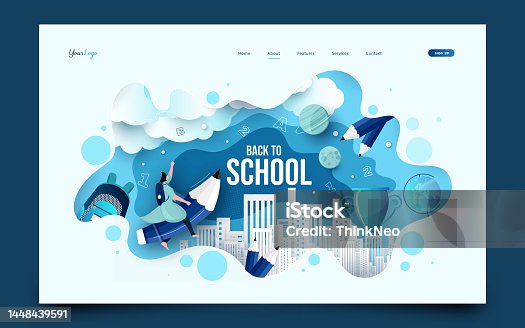 istock Back to school banner design with backpack and school supplies 1448439591