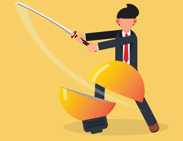 Vector illustration of Businessman cutting light bulb with a knife. financial concept.