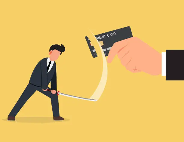 Vector illustration of Credit card cutting. businessman using knife to cut credit card,destruction concept