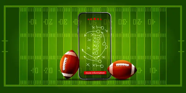 Vector illustration of Sport and victory concept in realistic style. A mobile phone with game tactics and a soccer ball for playing American football on the background of a football field.