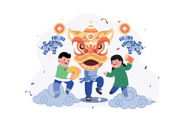 ilustraciones, imágenes clip art, dibujos animados e iconos de stock de concepto de ilustración del año nuevo chino. ilustración plana aislada sobre fondo blanco - greeting chinese new year god coin