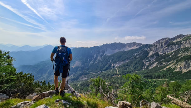 ferlacher spitze - vista en la cima de mittagskogel con las cadenas montañosas alpinas en carintia, austria - cordillera karavanke fotografías e imágenes de stock