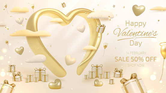 Valentine day background with 3d heart shape elements and gift box with ribbon and light effect decorations and bokeh.