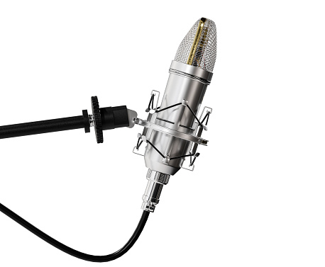 microphone isolated on white. Condencer Mic for studio recording voice. Microphone for radio station broadcasting studio.