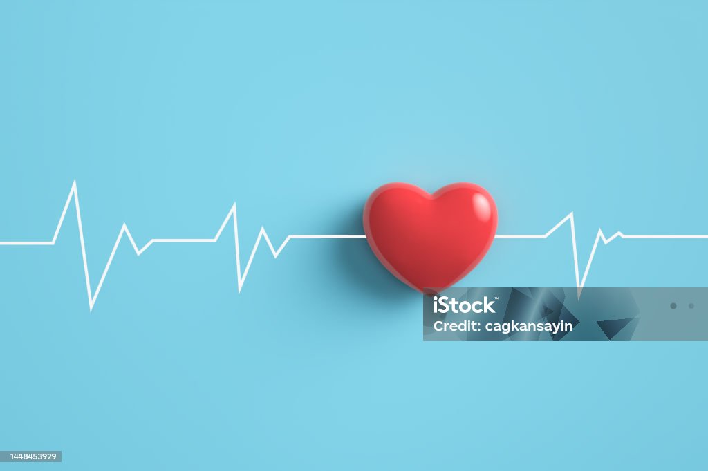 Cardiogram pulse trace with Red heart on pastel blue background. Cardiogram pulse trace with Red heart on pastel blue background. 3D rendering. Heart - Internal Organ Stock Photo