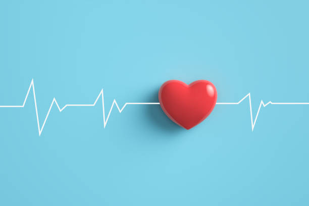 cardiogram pulse trace with red heart on pastel blue background. - heartbeat imagens e fotografias de stock