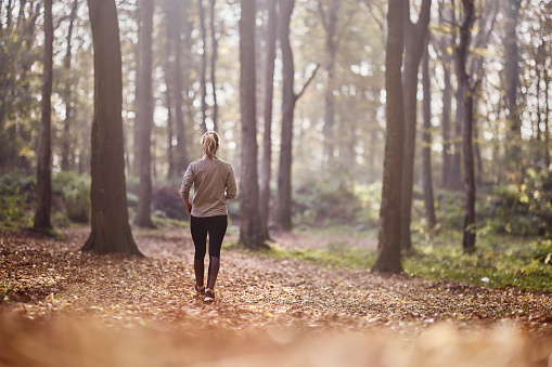 Back view of female athlete running during autumn day in nature. Copy space.