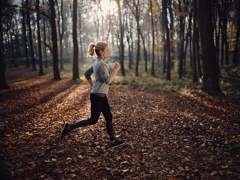 Determined athletic woman jogging in autumn day in the forest. Copy space.