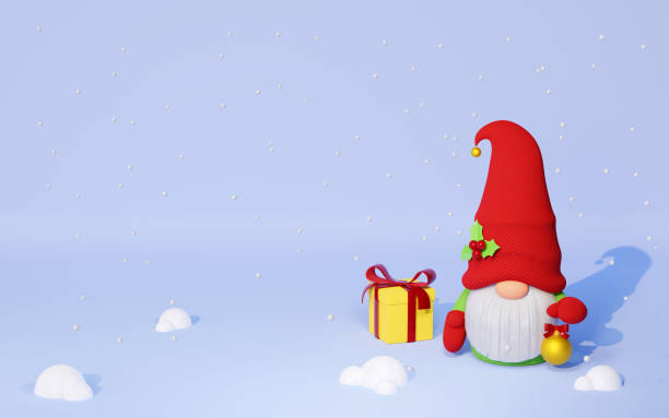 istock Christmas Scandinavian gnome in red hat with gift box and Christmas tree toy 3D render illustration. 1448455572
