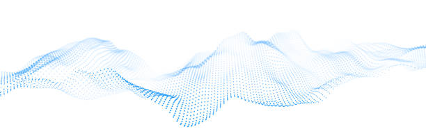 Blue wave of streaming particles on a white background. Abstract background with dynamic elements of waves and dots. 3d