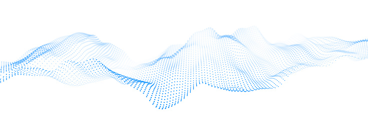 Blue wave of streaming particles on a white background. Abstract background with dynamic elements of waves and dots. 3d rendering