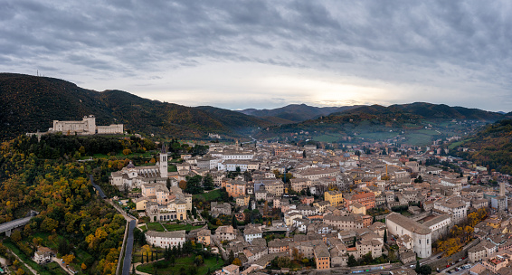 A panorama view of historic Spoleto with the Rocca Albornoziana fortress and cathedral
