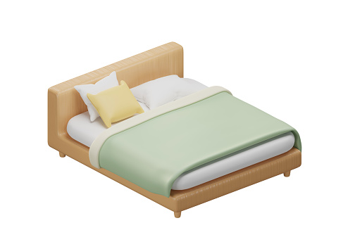wooden bed with green soft duvet, bedding and pillows on white background. Clipping path included. 3D rendering.