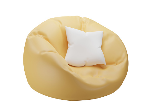 yellow bean bag with pillow, Yellow lazy bag. on white background. Clipping path included. 3D rendering.