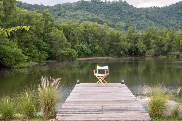 istock Folding Chair on wooden plank footway at pond 1448459048