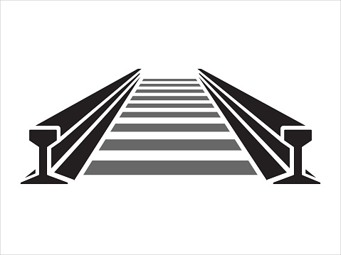 Straight Train track perspective view. Vector of tram line, road for locomotive and wagons with rails, fastening and concrete ties