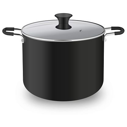 Cooking pot in black color with glass lid, 3d vector rendering