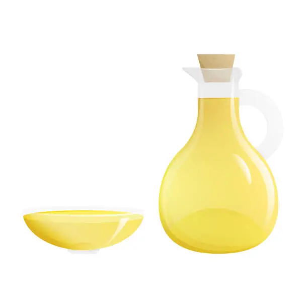 Vector illustration of Olive oil in a bottle and plate. Isolated cartoon vector illustration