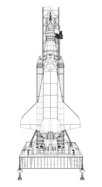 Vector illustration of Space Rocket on launch pad. Vector rendering of 3d