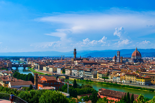 Panoramic view of  Florence from Michelangelo Square, Tuscany. The wonderful artistic and historical Florence city in Italy. Travel scene.