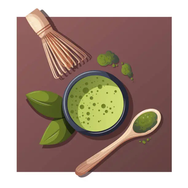 Vector illustration of Matcha tea and bamboo whisk. Japanese drink