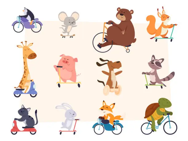 Vector illustration of Animals riding. Characters in action poses sitting and riding scooter bikes and cars exact vector illustrations