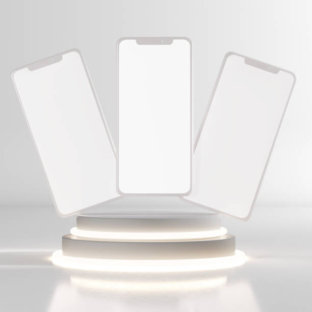 istock Clayphone screens on round pedestal with neon light mockup 1448468617