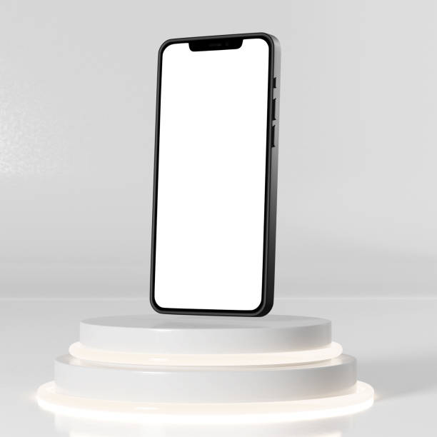 istock Smartphone mock up on pedestal neon circles mockup 1448468641